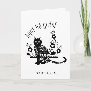 Carte Chat noir avec fleurs et expression portugaise