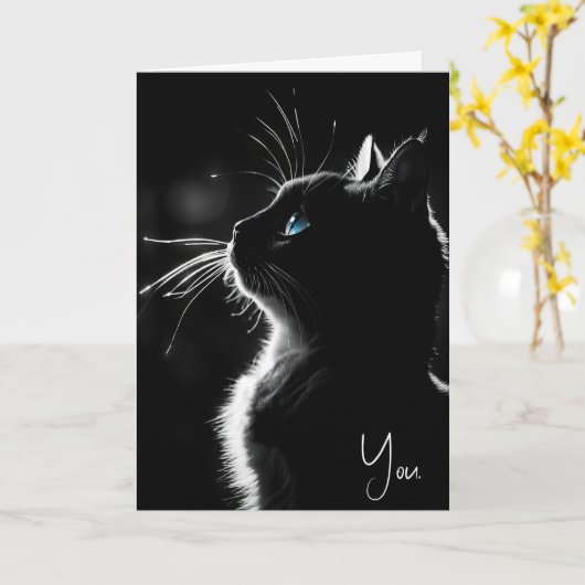 Carte Chat noir brillant Merci (Fleur jaune)