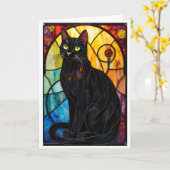Carte Chat noir charmant de style vitrail (Fleur jaune)