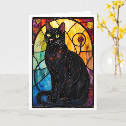 Carte Chat noir charmant de style vitrail (Fleur jaune)