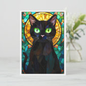 Carte Chat noir charmant de style vitrail aux yeux verts (Debout devant)