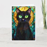 Chat noir charmant de style vitrail yeux verts