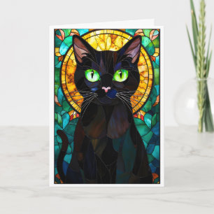 Carte Chat noir charmant de style vitrail yeux verts