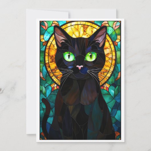 Carte Chat noir charmant de style vitrail yeux verts (Devant)