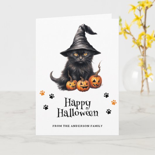 Carte Chat noir Citrouilles chauves-souris Pleine lune p (Fleur jaune)
