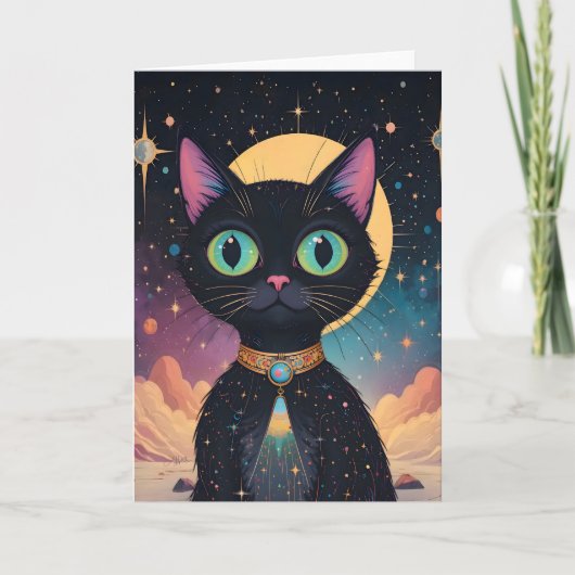 Carte Chat noir cosmique futuriste atomique en clair de  (Devant)