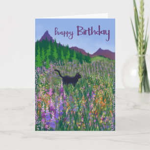 Carte Chat noir d'anniversaire et fleurs sauvages