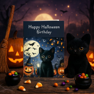 Carte Chat noir d'anniversaire Halloween