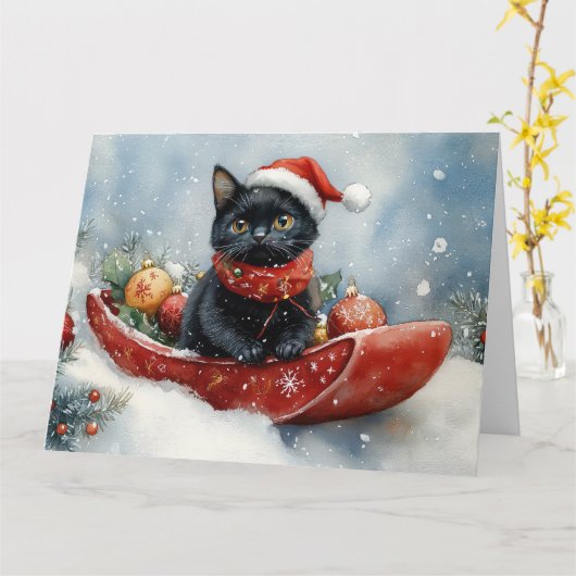 Carte Chat noir dans la corniche laissez passer Noël de  (Fleur jaune)