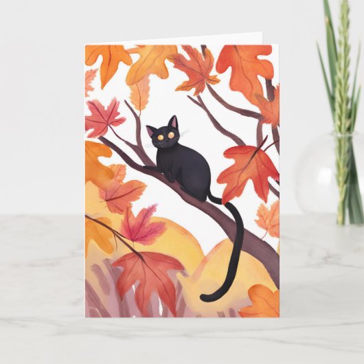 Carte Chat noir dans un arbre | Automne chute Mignon Épo (Devant)