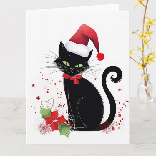 Carte Chat noir de fête (Fleur jaune)