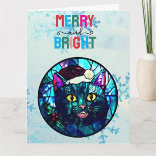 Carte Chat noir de Noël en vitrail qui miaule