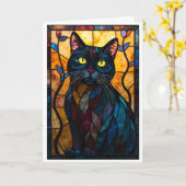 Carte Chat noir de style vitrail avec feuilles (Fleur jaune)