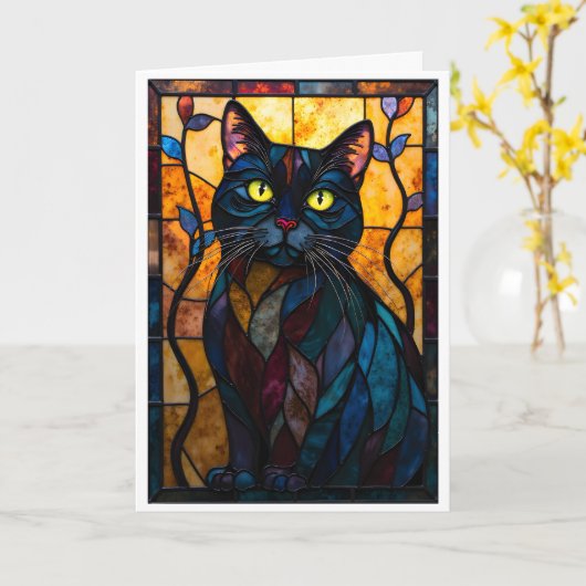 Carte Chat noir de style vitrail avec feuilles (Fleur jaune)