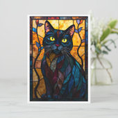 Carte Chat noir de style vitrail avec feuilles à plat (Debout devant)