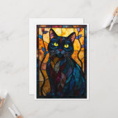 Carte Chat noir de style vitrail avec feuilles à plat (Devant/Arrière en situation)