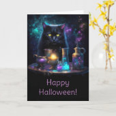 Carte Chat noir d'Halloween avec potions magiques mystiq (Fleur jaune)