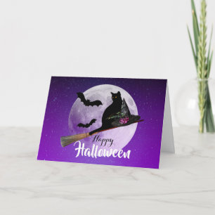 Carte Chat noir d'Halloween sur la Pleine lune de chambr