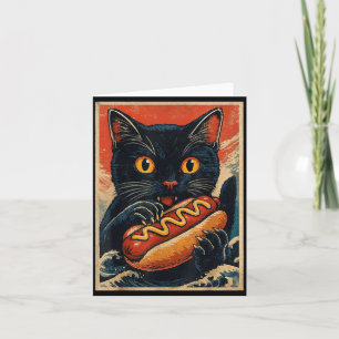 Carte Chat noir drôle mangeant un hot dog rétro japonais