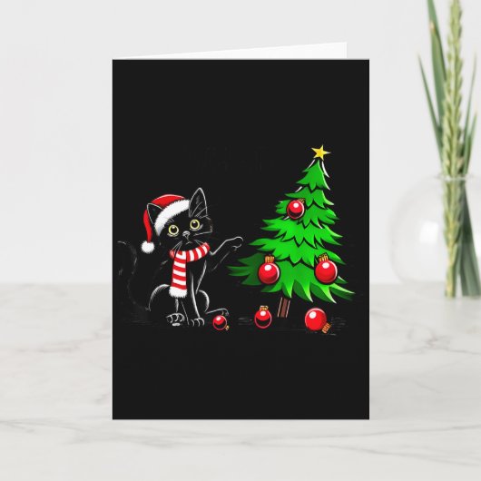 Carte Chat noir drôle poussant l'arbre de Noël sur le ch (Devant)