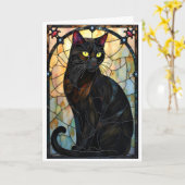 Carte Chat noir élégant de style vitrail (Fleur jaune)