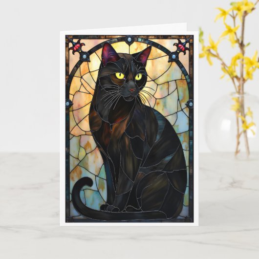 Carte Chat noir élégant de style vitrail (Fleur jaune)