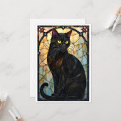 Carte Chat noir élégant de style vitrail (Devant/Arrière en situation)