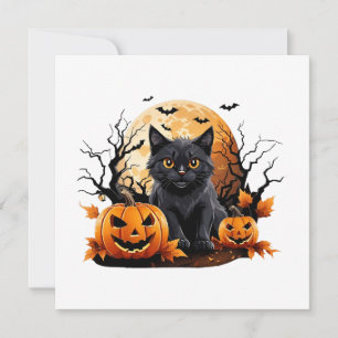 Carte Chat noir entouré de citrouilles