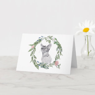 Carte Chat noir et blanc Aquarelle Floral vert rose