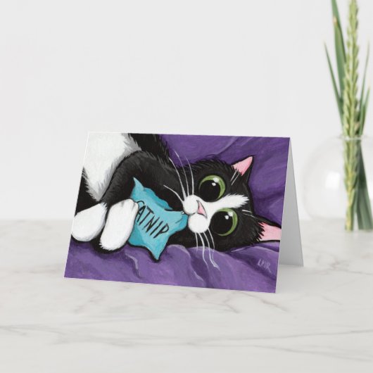 Carte Chat noir et blanc avec le coussin de cataire - (Devant)