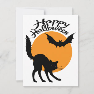 Carte Chat noir et chauve-souris d'Halloween avec lune,