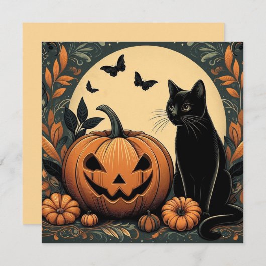 Carte Chat noir et citrouille d'Halloween (Devant / Derrière)