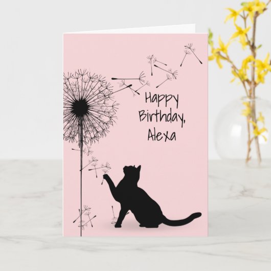 Carte Chat noir et Dandelion Anniversaire (Fleur jaune)