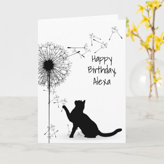 Carte Chat noir et Dandelion Anniversaire (Fleur jaune)