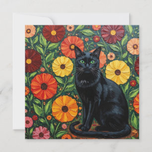 Carte Chat noir et fleurs d'art populaire colorées