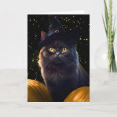 Carte Chat noir et sorcière Casquettes Citrouilles heure (Devant)
