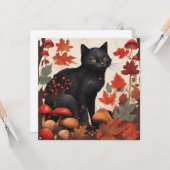 Carte Chat noir, forêt d'automne et champignons sauvages (Devant/Arrière en situation)