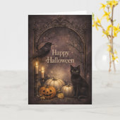 Carte Chat noir gothique Halloween (Fleur jaune)