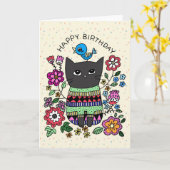 Carte Chat noir grumeux avec petit anniversaire de blueb (Fleur jaune)