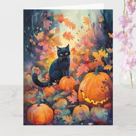 Carte Chat noir Halloween avec citrouilles effrayant (Orchidée)