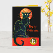 CARTE CHAT NOIR HALLOWEEN PARTY MONOGRAM (Fleur jaune)