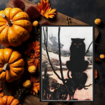 Chat noir hanté Éffrayant Halloween vintage