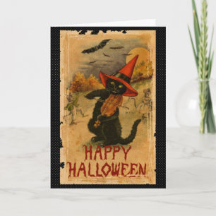 Carte Chat noir heureux de Halloween jouant des battes