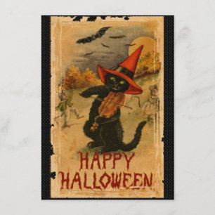 Carte Chat noir heureux de Halloween jouant des battes