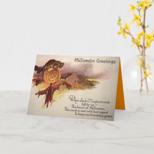 Carte Chat noir Jack O' Lantern Citrouille Chouette (Fleur jaune)