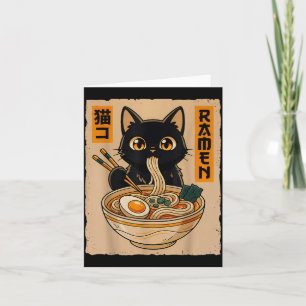 Carte Chat noir kawaii d'anime rétro mangeant des nouill