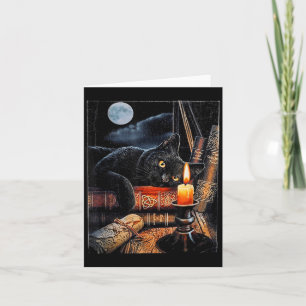 Carte Chat Noir Lisant des Livres Rituel de Sorcellerie