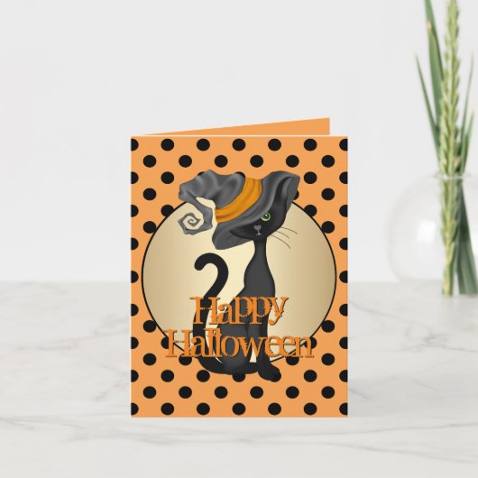 Carte Chat noir mignon en sorcière Casquette Halloween h (Devant)