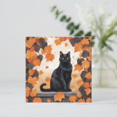 Carte Chat noir mignon et feuilles d'automne en chute (Debout devant)