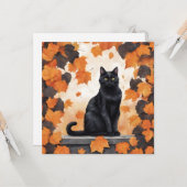 Carte Chat noir mignon et feuilles d'automne en chute (Devant/Arrière en situation)
